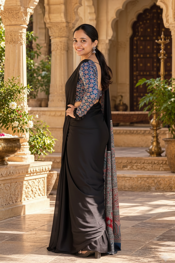 Crepe Silk Ready To Wear Saree With Unstitched Blouse(Black)
