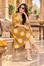 Cotton Printed Kurti Pant Two Piece Set(Yellow)
