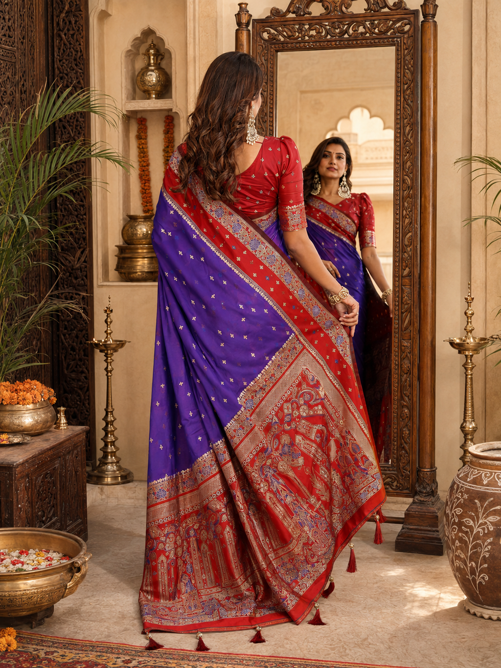 Pure Handloom Kalamkari Silk Zari Woven Borders Saree With Unstitched Blouse(Purple)