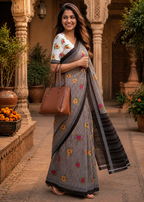 Soft Pure Mulmul Cotton Printed Saree With Unstitched Blouse(Black)