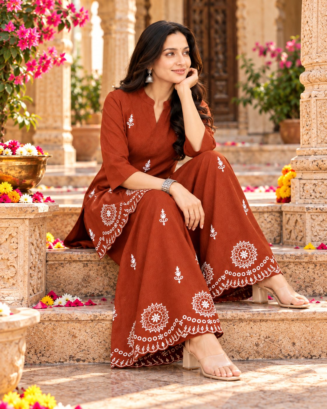 Pure Cotton Embroidery Work Co-Ord Set(Orange)