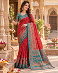 Gajji Silk Ajrakh Printed Saree With Unstitched Blouse(Red)