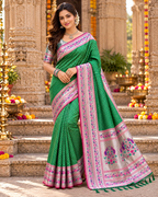 Paithani Silk Zari Work Saree With Unstitched Blouse(Green)