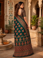 Crepe Silk Ajrakh Printed Saree With Unstitched Blouse(Green)