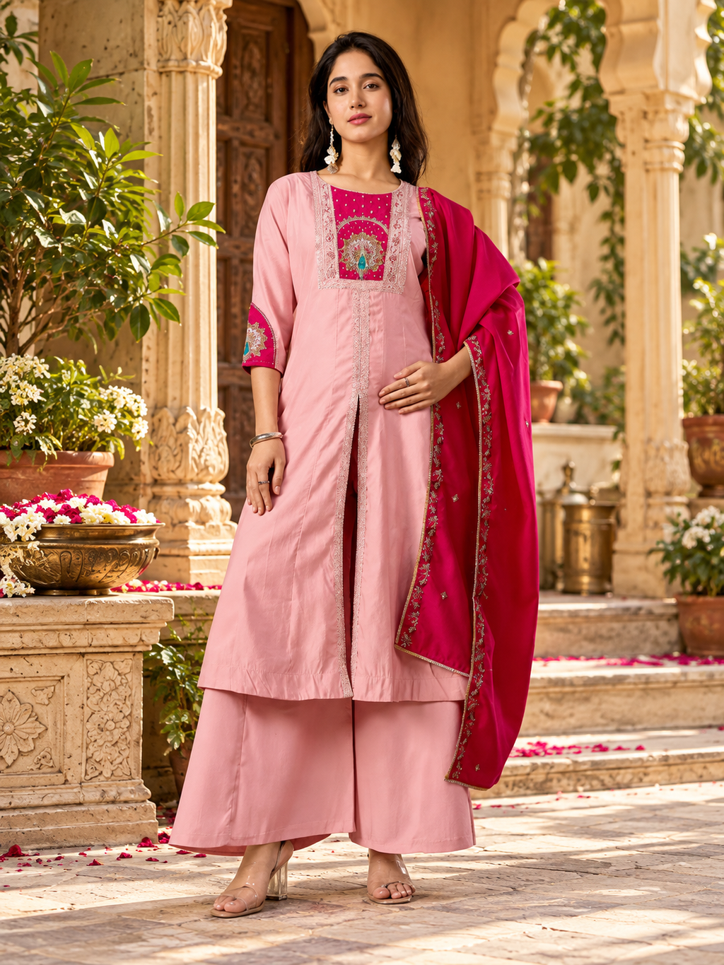 Roman Silk Anarkali Kurti Pant Set With Dupatta(Pink)