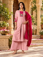 Roman Silk Anarkali Kurti Pant Set With Dupatta(Pink)