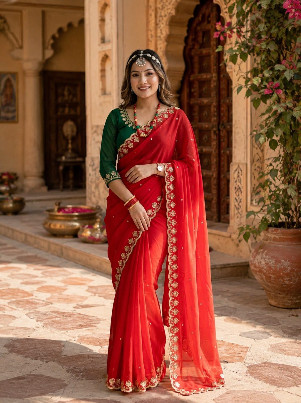 Georgette Embroidery Sequins Work Saree With Unstitched Blouse(Red)