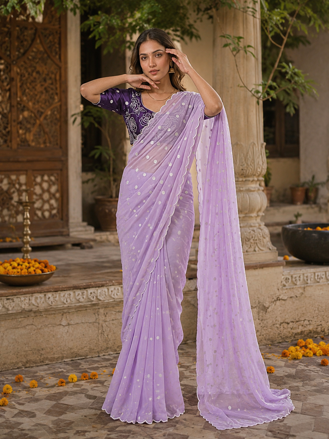 Georgette Embroidery Work Saree with Unstitched Blouse(Violet)