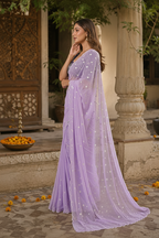 Georgette Embroidery Work Saree with Unstitched Blouse(Violet)