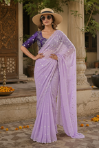 Georgette Embroidery Work Saree with Unstitched Blouse(Violet)