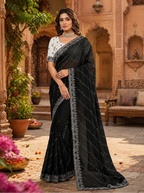 Organza Silk Saree With Unstitched Blouse(Black)
