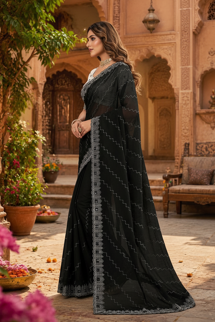 Organza Silk Saree With Unstitched Blouse(Black)