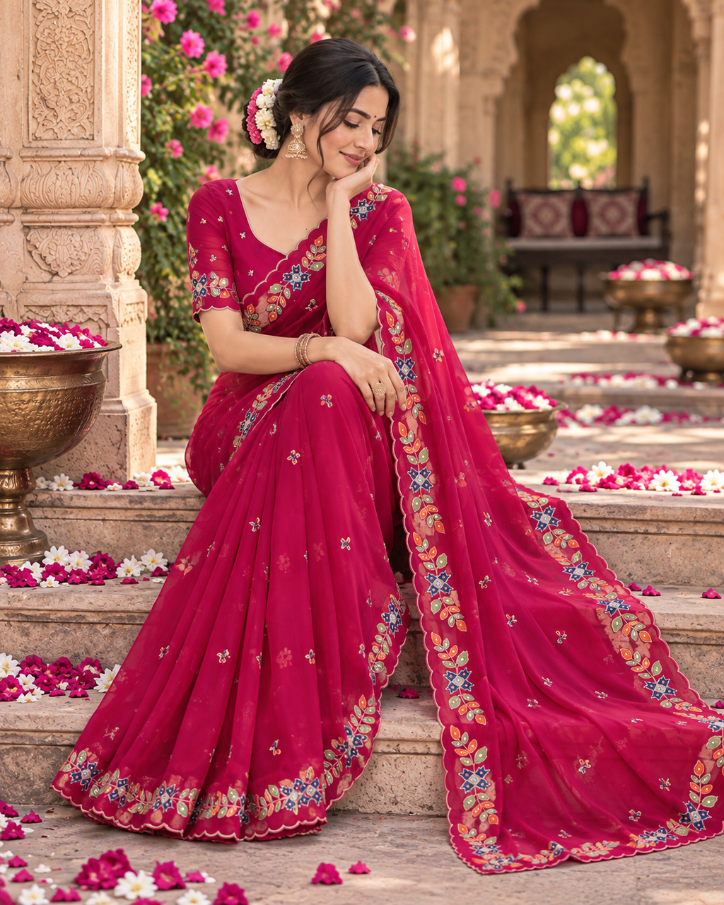 Rangoli Silk Embroidery Work Saree With Unstitched Blouse(Red)