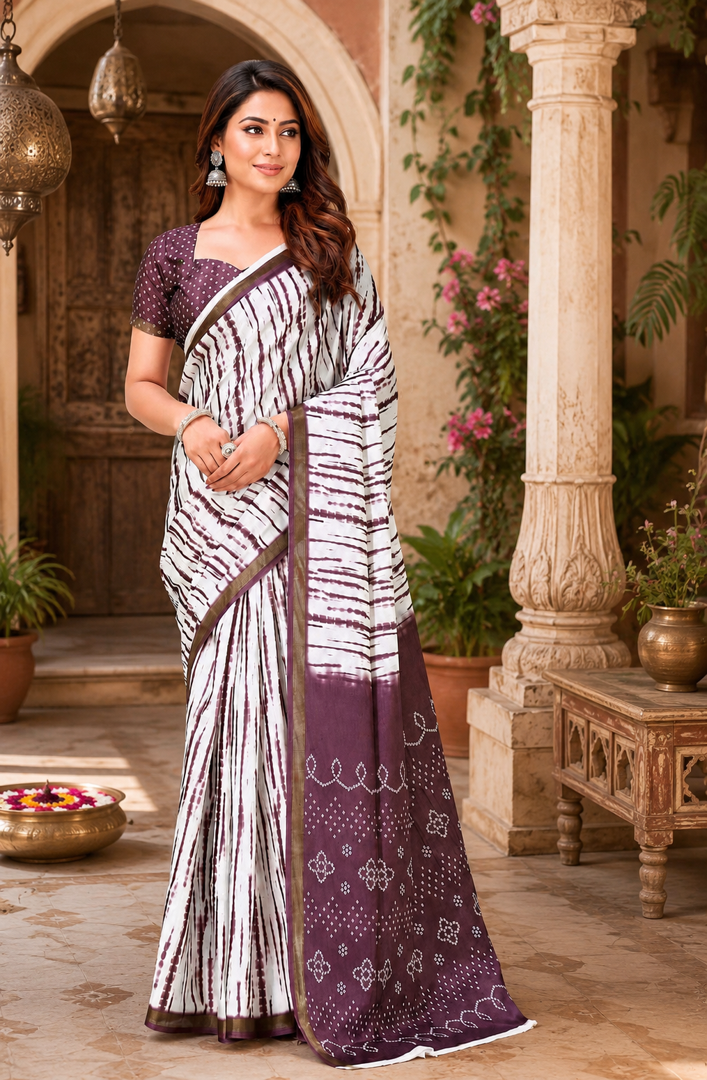 Linen Printed Saree With Unstitched Blouse(Brown)