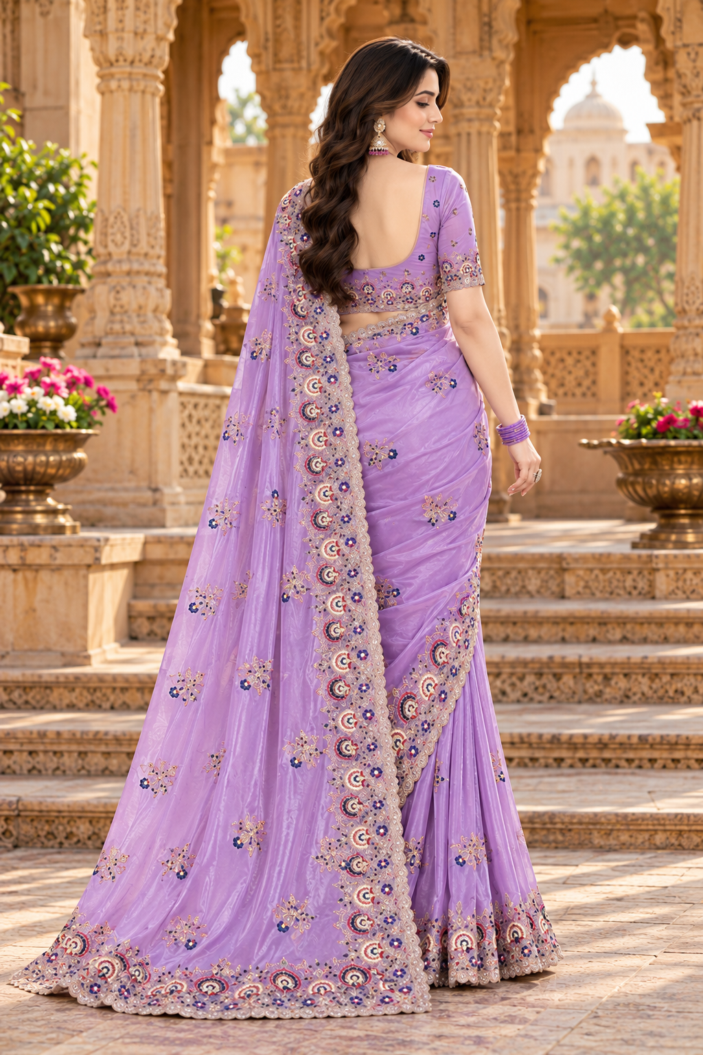 Pure Soft Organza Silk Embroidery Work Saree With Unstitched Blouse(Lavender)