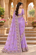Pure Soft Organza Silk Embroidery Work Saree With Unstitched Blouse(Lavender)