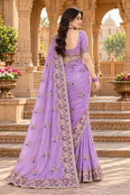 Pure Soft Organza Silk Embroidery Work Saree With Unstitched Blouse(Lavender)