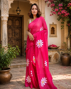 Cotton Linen Floral Printed Saree With Unstitched Blouse(Red)