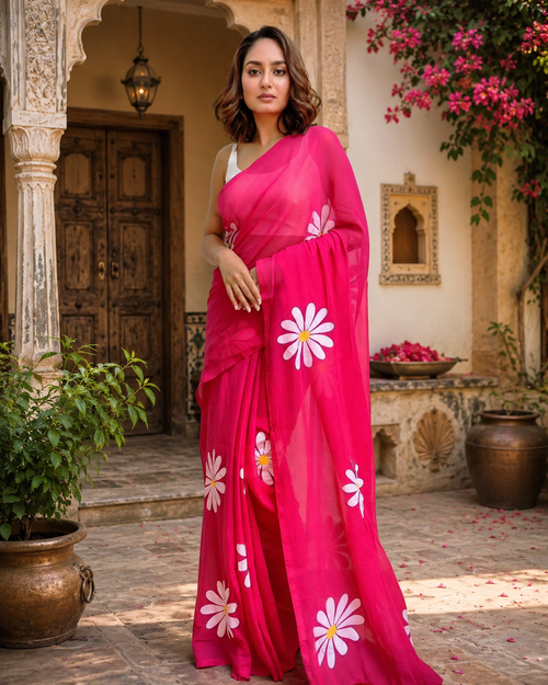 Cotton Linen Floral Printed Saree With Unstitched Blouse(Red)