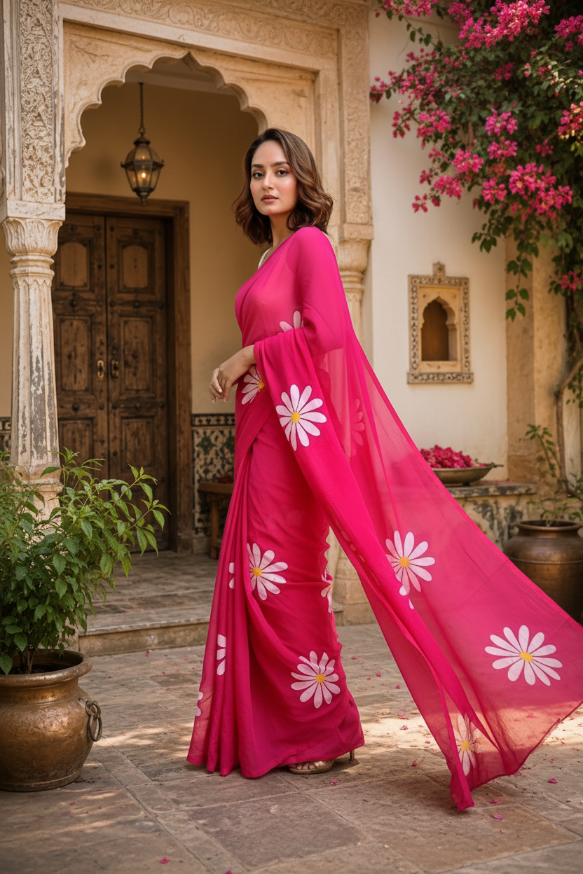 Cotton Linen Floral Printed Saree With Unstitched Blouse(Red)