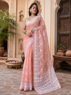 Organza Silk Embroidery Work Saree with Unstitched Blouse(Baby Pink)