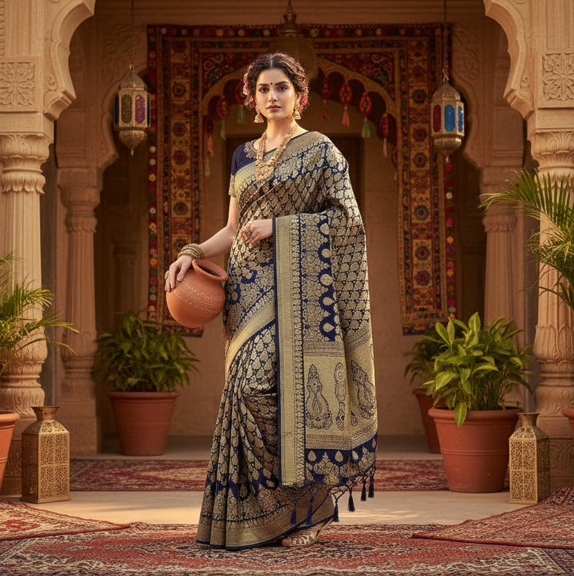 Women's jacquard silk kanjivaram  saree with blouse (navy blue, 5 6 mtrs) kashvii