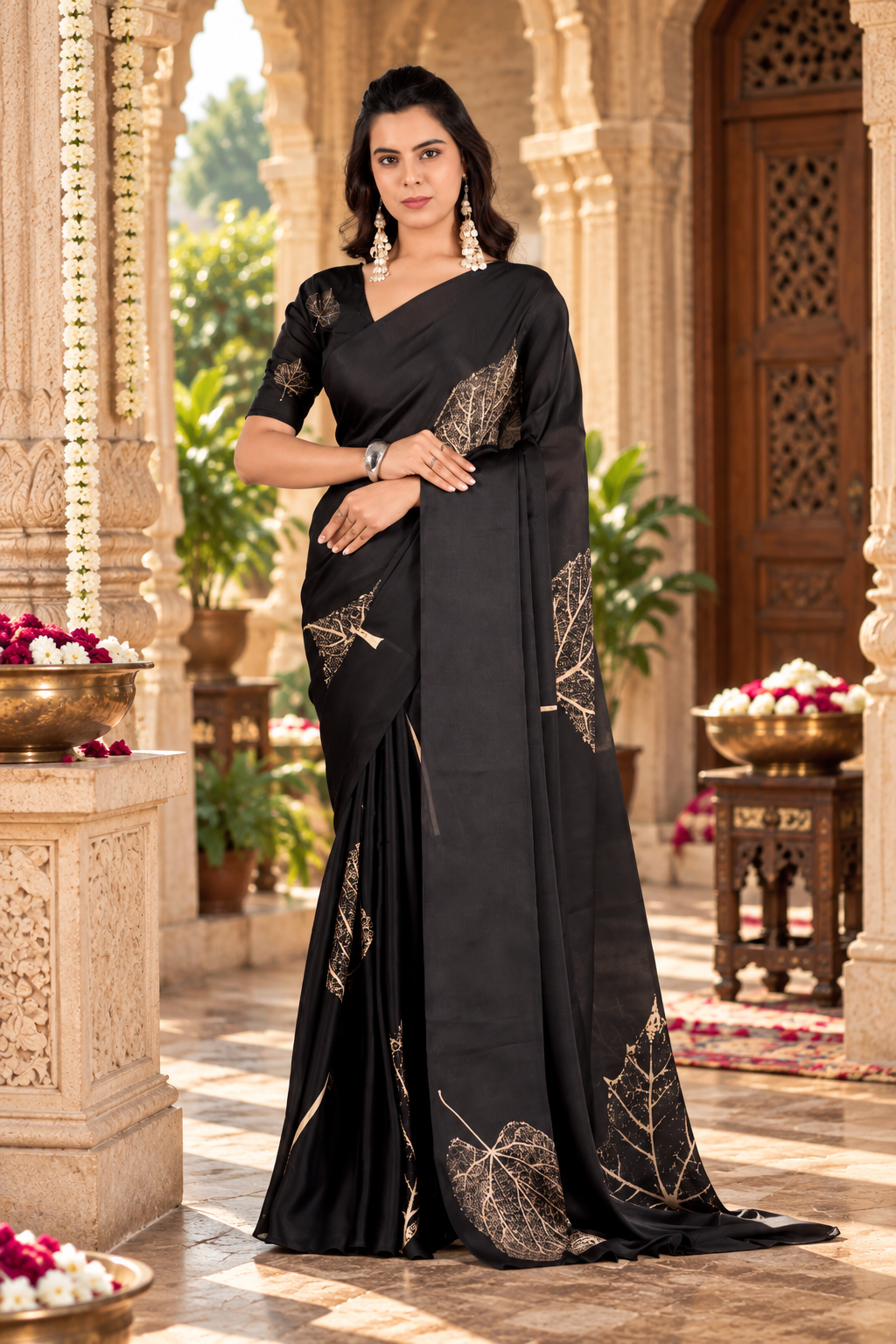 Satin Silk Printed Saree With Unstitched Blouse(Black)