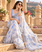 Soft Space Silk Embroidery Sequin Work Saree With Unstitched Blouse(Sky)