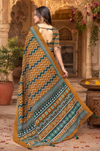 Linen Printed Saree With Unstitched Blouse(Mustard)