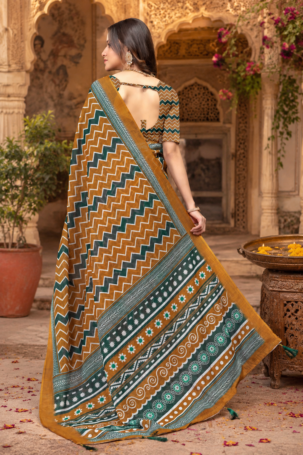 Linen Printed Saree With Unstitched Blouse(Mustard)