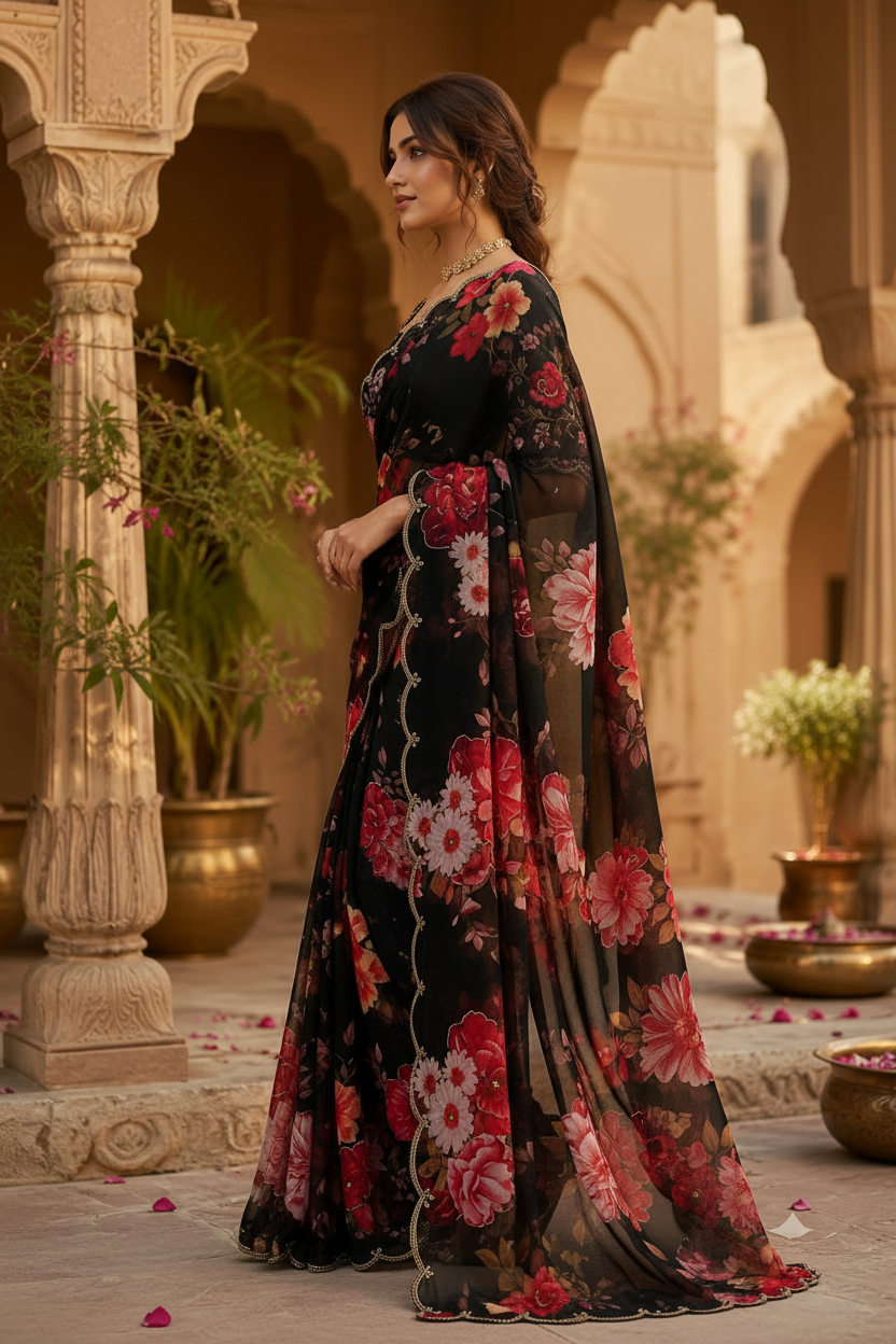 Premium Georgette Digital Floral Print Saree With Unstitched Blouse(Black)