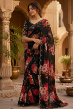 Premium Georgette Digital Floral Print Saree With Unstitched Blouse(Black)