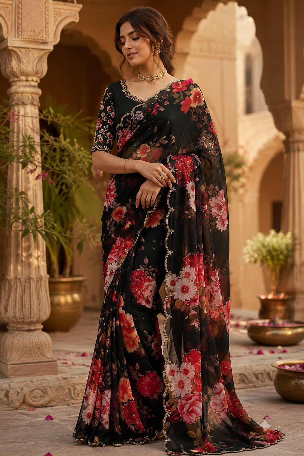 Premium Georgette Digital Floral Print Saree With Unstitched Blouse(Black)