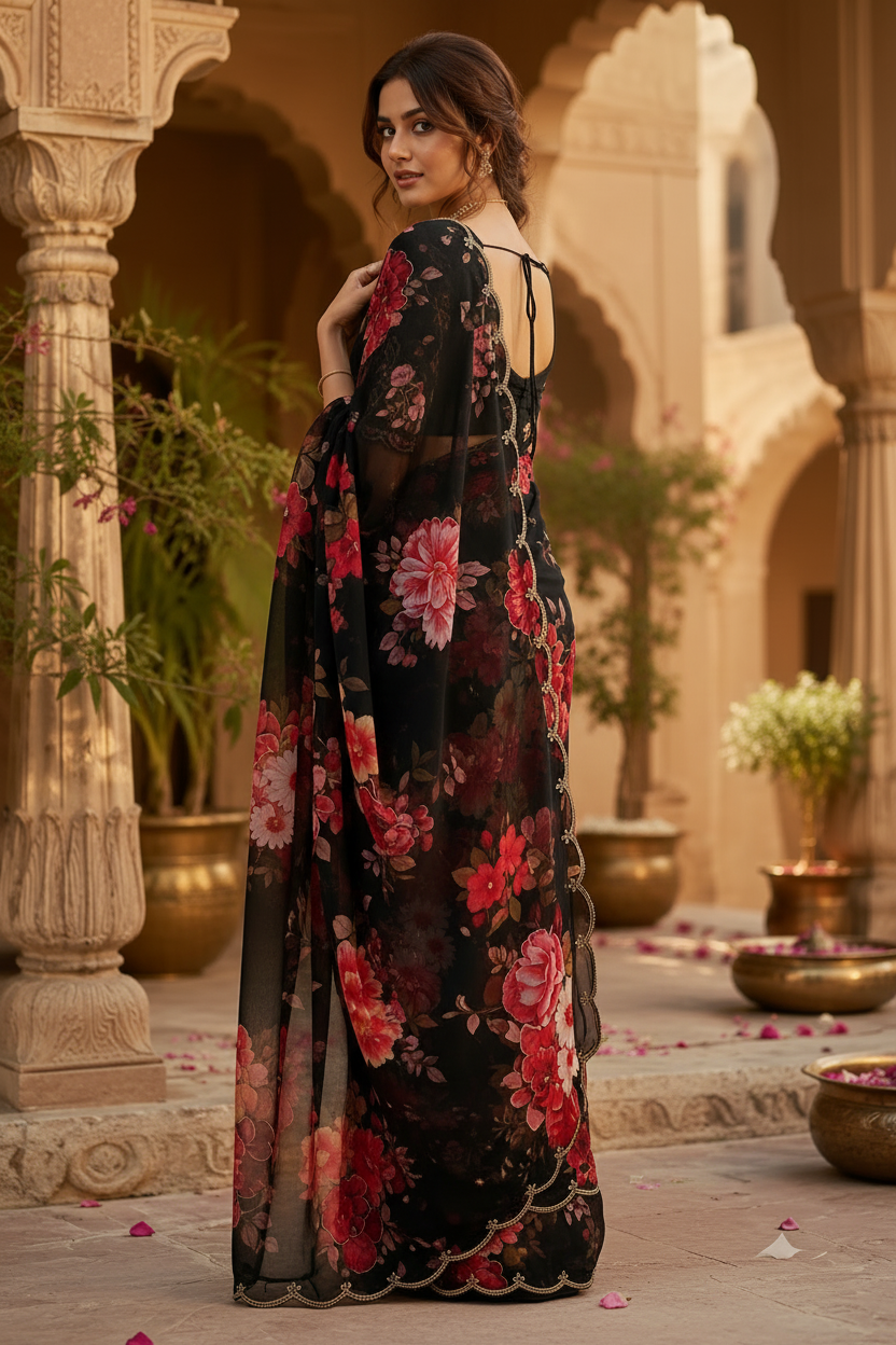 Premium Georgette Digital Floral Print Saree With Unstitched Blouse(Black)