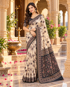 Pure Silk Printed Saree With Unstitche Blouse(White)