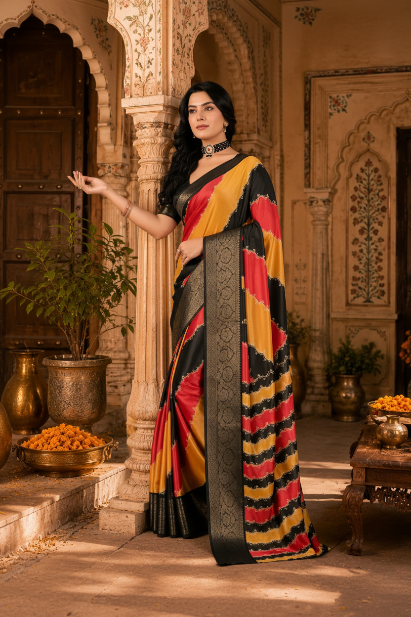 Soft Litchi Silk Saree With Unstitched Blouse(Multicolor)