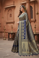 Load image into Gallery viewer, Women's Jacquard Silk Kanjivaram  Saree With Blouse (Navy Blue, 5-6 Mtrs) Kashvii
