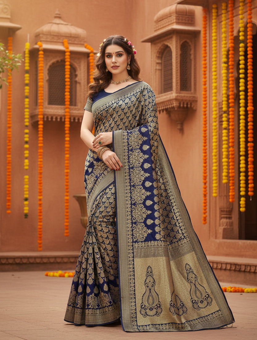 Women's Jacquard Silk Kanjivaram  Saree With Blouse (Navy Blue, 5-6 Mtrs) Kashvii