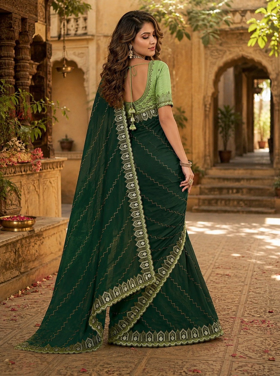 Organza Silk Saree With Unstitched Blouse(Green)
