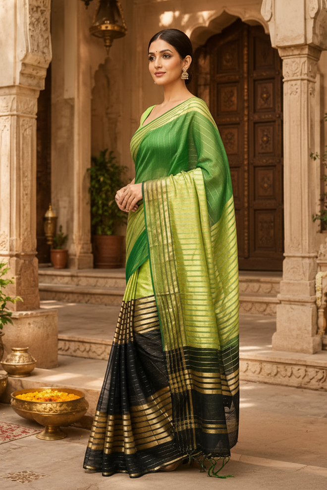 Viscose Georgette Zari Border Work Saree With Unstitched Blouse(Green)