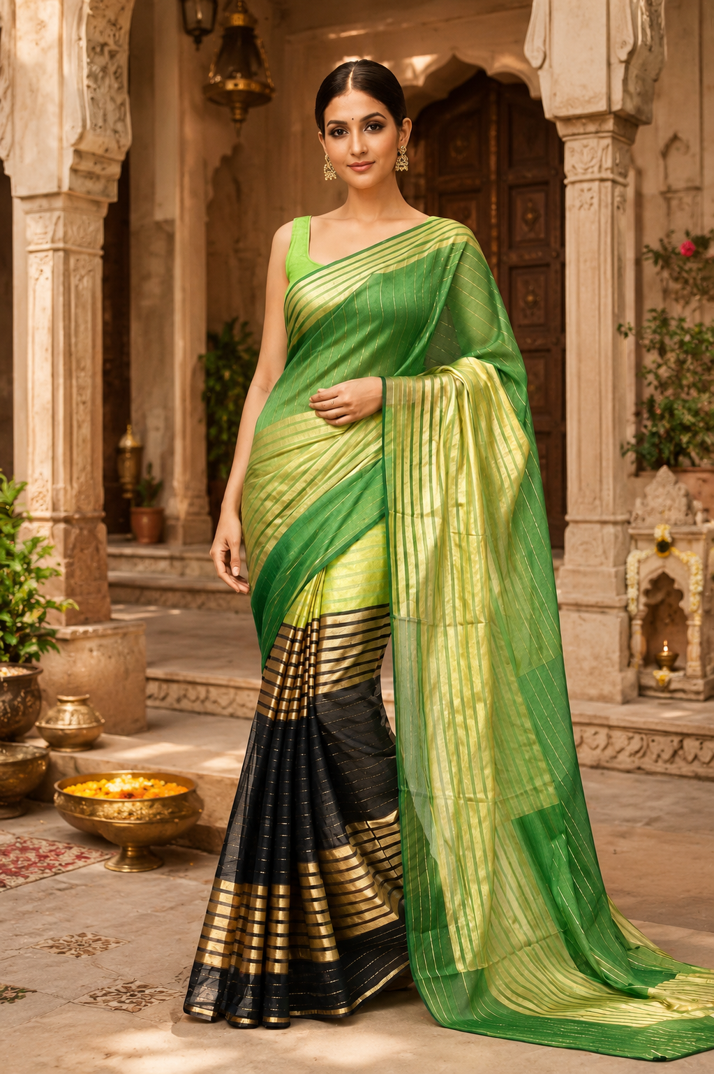 Viscose Georgette Zari Border Work Saree With Unstitched Blouse(Green)
