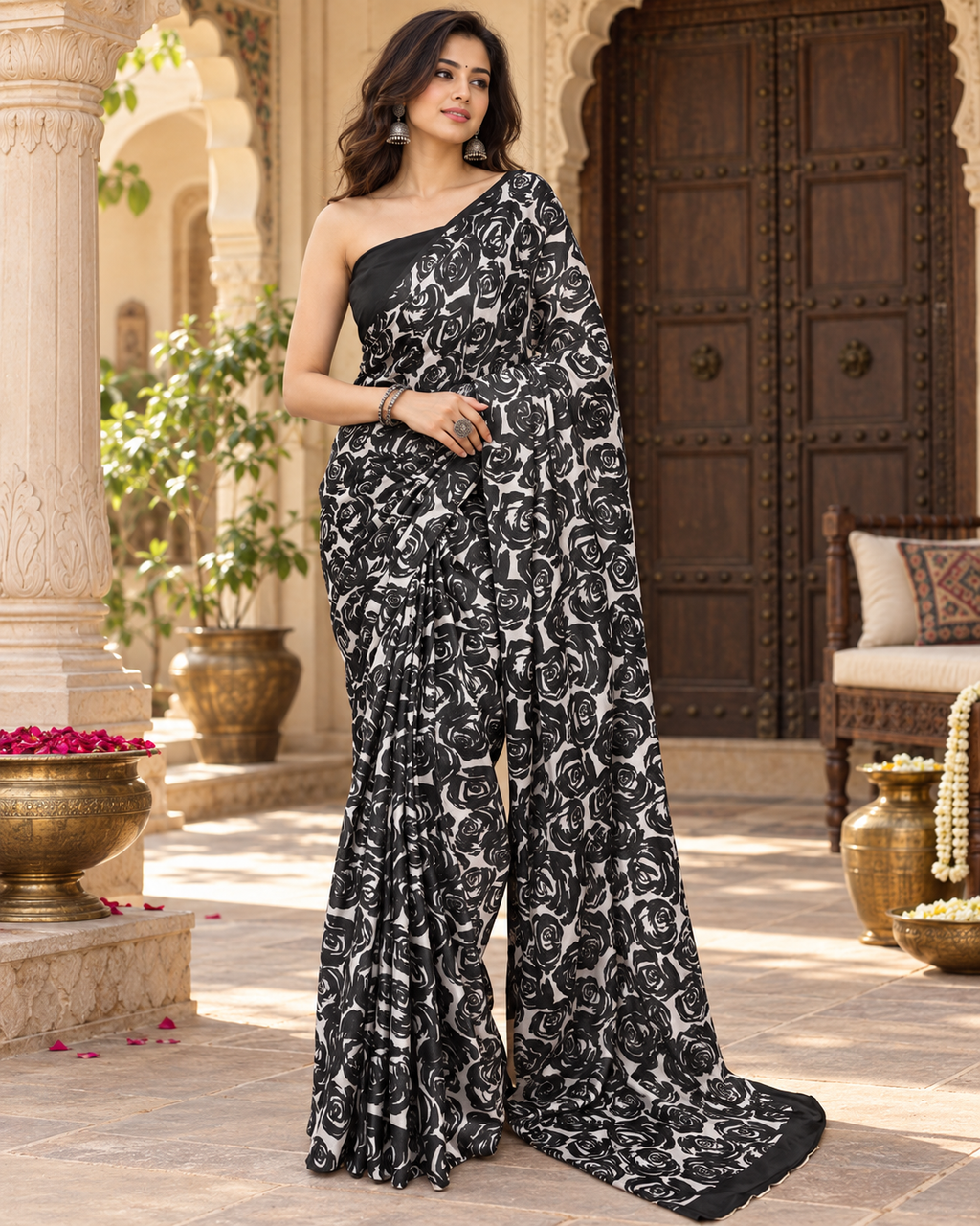 Satin Silk Printed Saree With Unstitched Blouse(Black)