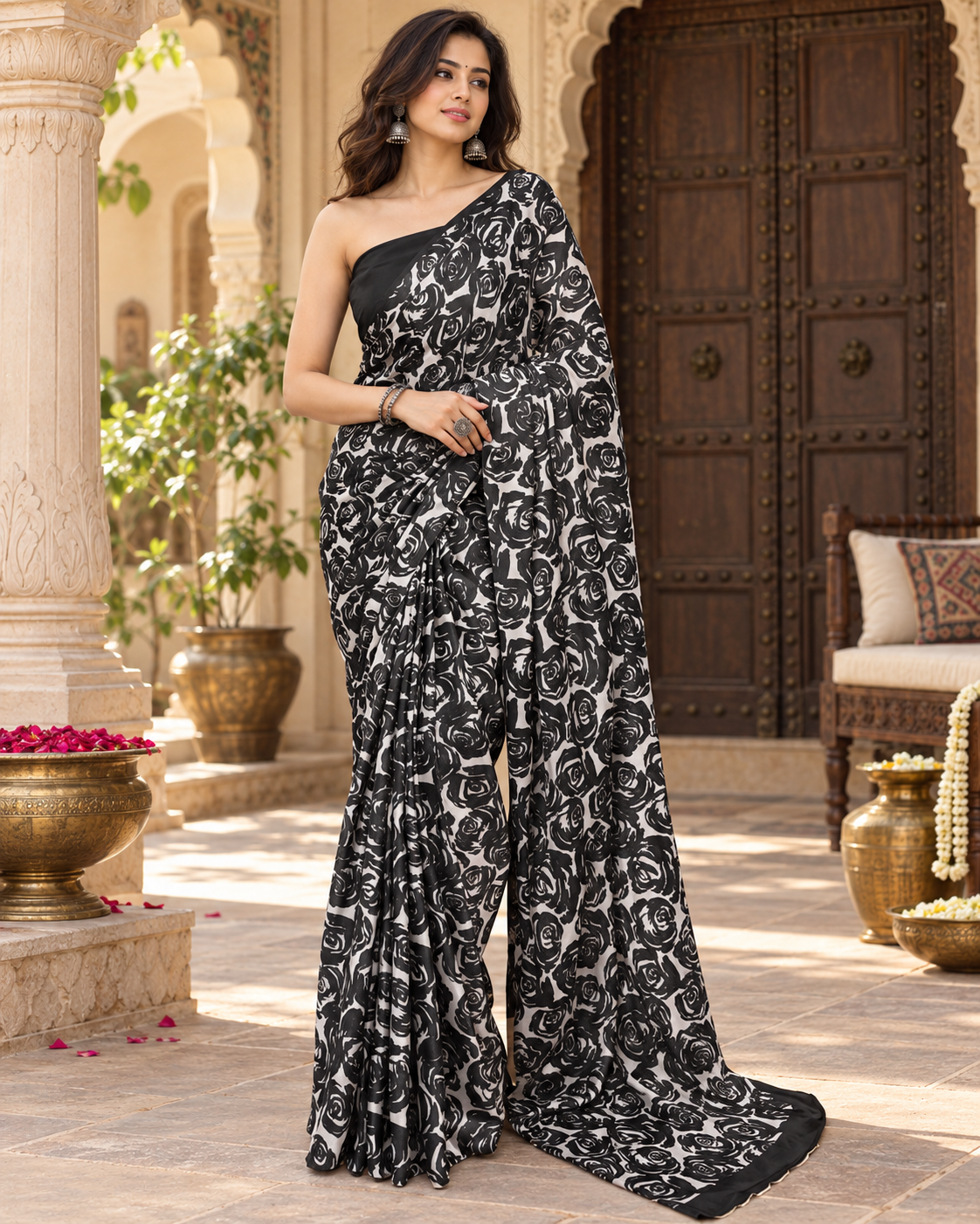 Satin Silk Printed Saree With Unstitched Blouse(Black)
