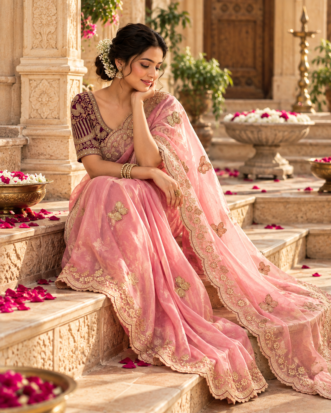 Premium Satin Silk Sequins Zari Work Saree With Blouse(Pink)