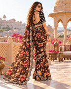Premium Georgette Floral Print Saree With Unstitched Blouse(Black)
