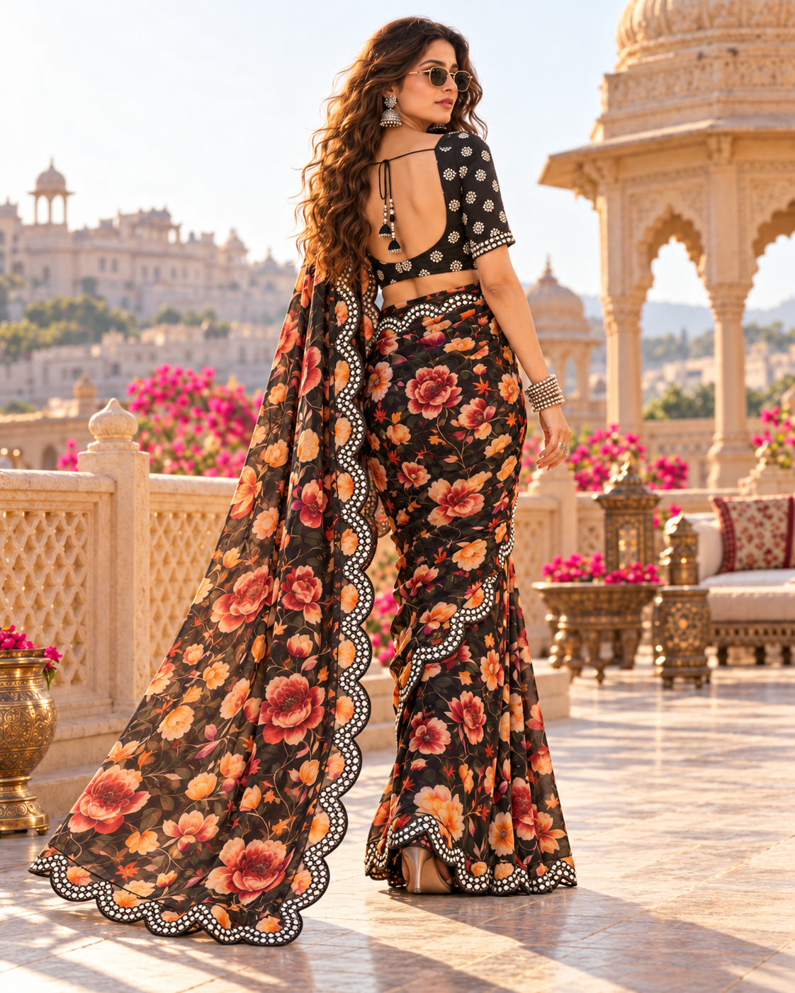 Premium Georgette Floral Print Saree With Unstitched Blouse(Black)