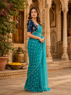 Georgette Embroidery Work Saree with Unstitched Blouse(Blue)