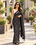 Premium Gajji Silk Mirror Work Border Saree With Unstitched Blouse(Black)