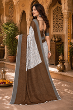 Linen Printed Saree With Unstitched Blouse(Coffee)