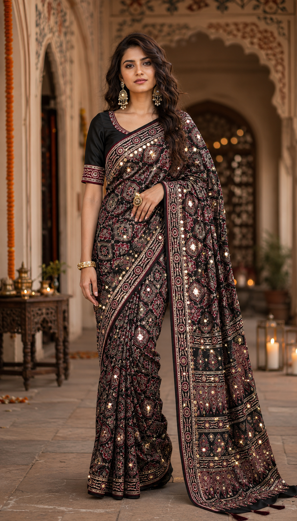 Premium Satin Ajrakh Printed Mirror Work Saree With Unstitched Blouse(Black)